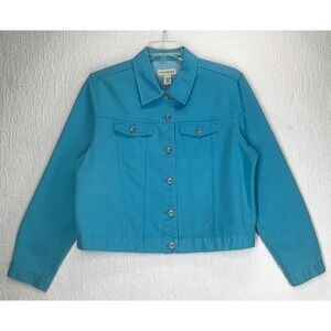 Crossroads Denim Jacket Women Size L Long Sleeve Button Up Aqua